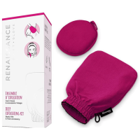 The Magenta Glove and Face Scrubber Beside the White Display Box